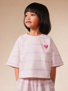 SUMWON Bộ đồ thể thao nhuộm màu tie-dye cho bé gái với khẩu hiệu "Tự yêu bản thân" gồm áo crop top và quần short màu hồng tím, trang phục thường ngày mùa hè. - Hồng - Xem 3