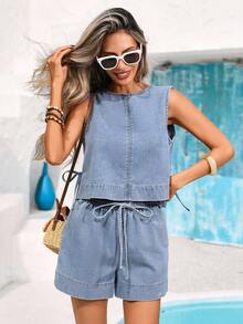 Vivid Eden New Women's Sleeveless Casual Denim Shirt, Blue Top   Y2K Bohemian Style, Music Festival Outfit Summer Outfits  Spring Outfit Women Beach Outfit For Women  Summer Holiday Outfits - Light Wash - View 1