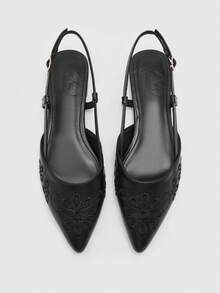 CUCCOO BIZCHIC Nuevos zapatos planos de tacón con bordado negro, zapatos planos de punta puntiaguda y sin talón de moda para mujer - Negro - Ver 2