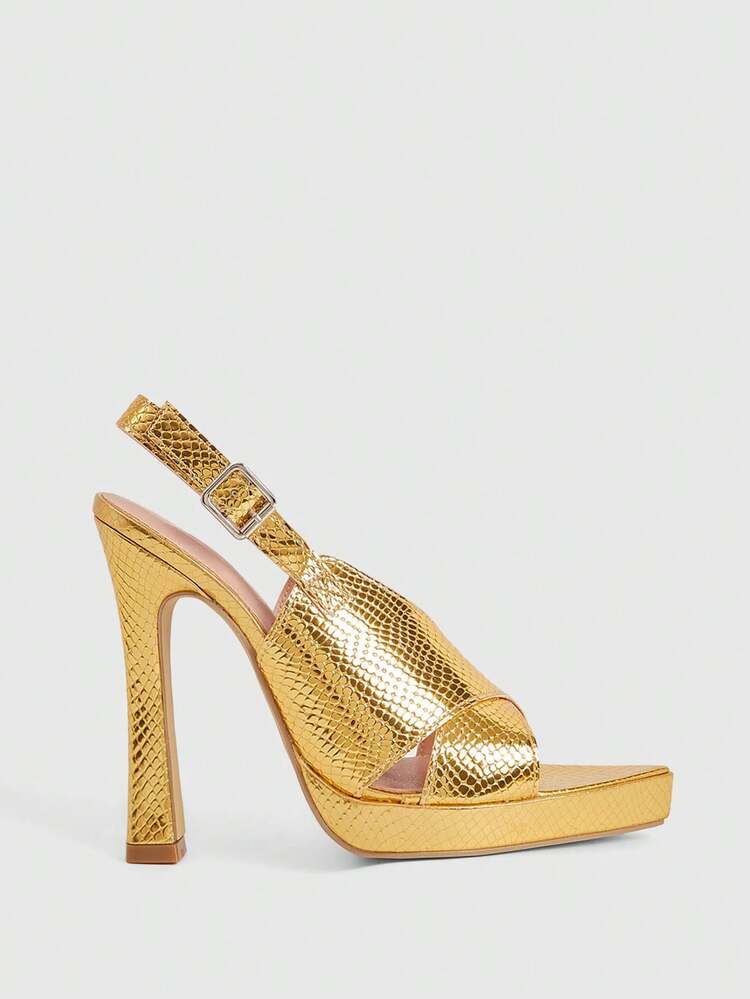 CUCCOO LuxiPop Women's Pointed Toe High Heel Waterproof Platform PU Snake Skin Texture Slip-On Sandals, Fashionable Minimalist Design, Comfortable For Daily, Party And Banquet Wear