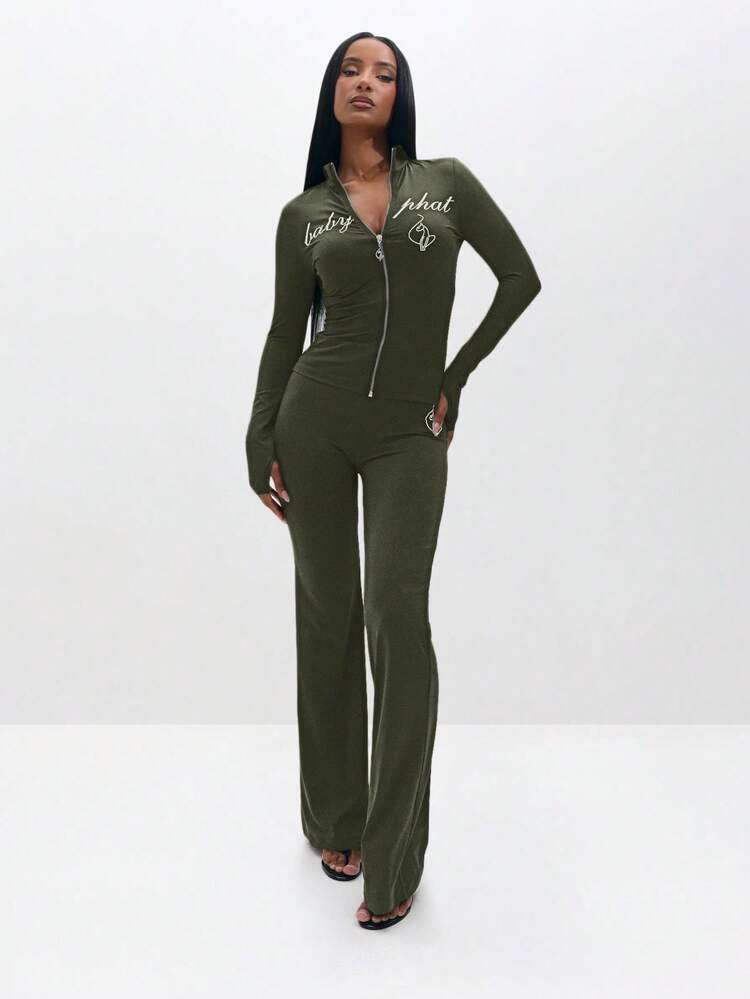 BABYPHAT Plus Size High Waisted Khaki Olive Green Flare Leg Zip Up Jumpsuit With Script Embroidery And Logo Details