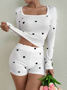 Airaco Casual Fitted Square Neck Long Sleeve T-Shirt & Fitted Shorts 2 Pieces Set - Multicolor - View 6