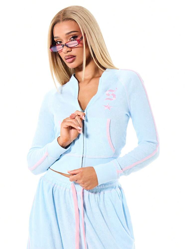 SUMWON WOMEN Full Zip Light Blue Long Sleeve Top With Pink Side Stripe Towelling Fabric Regular Fit Casual Sweatshirt