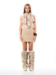 SUMWON WOMEN Women's Sleeveless Fur Trim Suede Mini Dress Bodycon High Neck Plunging Front Winter Party Dress Beige - Camel - View 3