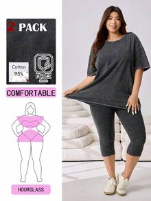 Solflare 春夏新款休闲套装，适合外出、日常穿着、派对、音乐节、返校、毕业典礼、度假、婚礼、街头风、运动等场合。宽松短袖T恤搭配紧身七分裤，黑色水洗雪花针织面料，大码两件套。 - 黑色 - 查看 1