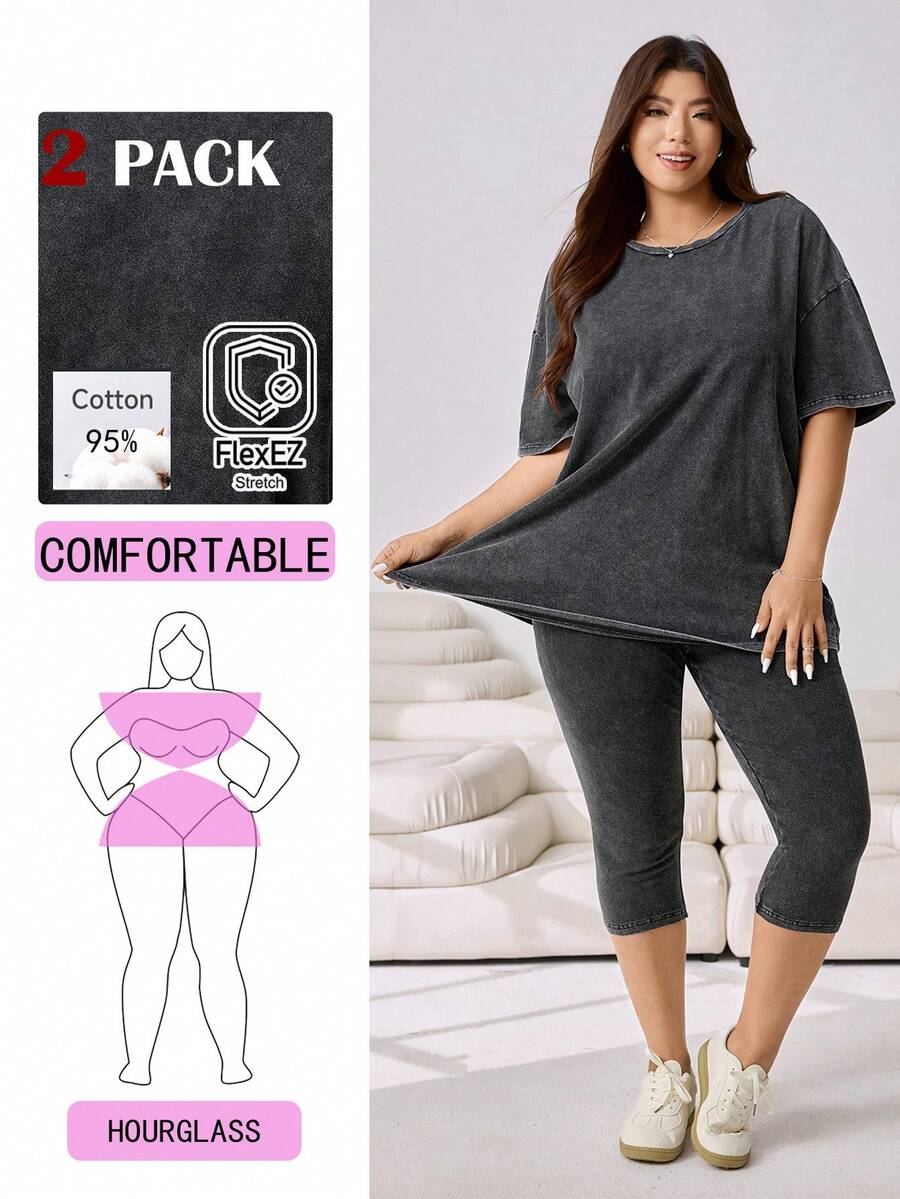 Solflare 春夏新款休闲套装，适合外出、日常穿着、派对、音乐节、返校、毕业典礼、度假、婚礼、街头风、运动等场合。宽松短袖T恤搭配紧身七分裤，黑色水洗雪花针织面料，大码两件套。 - 黑色 - 查看 1