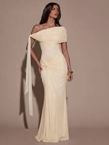 SHEIN BAE Women's Solid Color Twist Shoulder Design Fitted Dress - Apricot - View 5