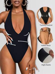 Sirith Seamless Knitted Deep V Neck Bodysuit - Black - View 3