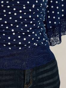 SHEIN ICON Áo cỡ lớn phong cách Y2K chấm bi gợi cảm cổ chữ V phối ren tay loe - Màu xanh hải quân - Xem 9