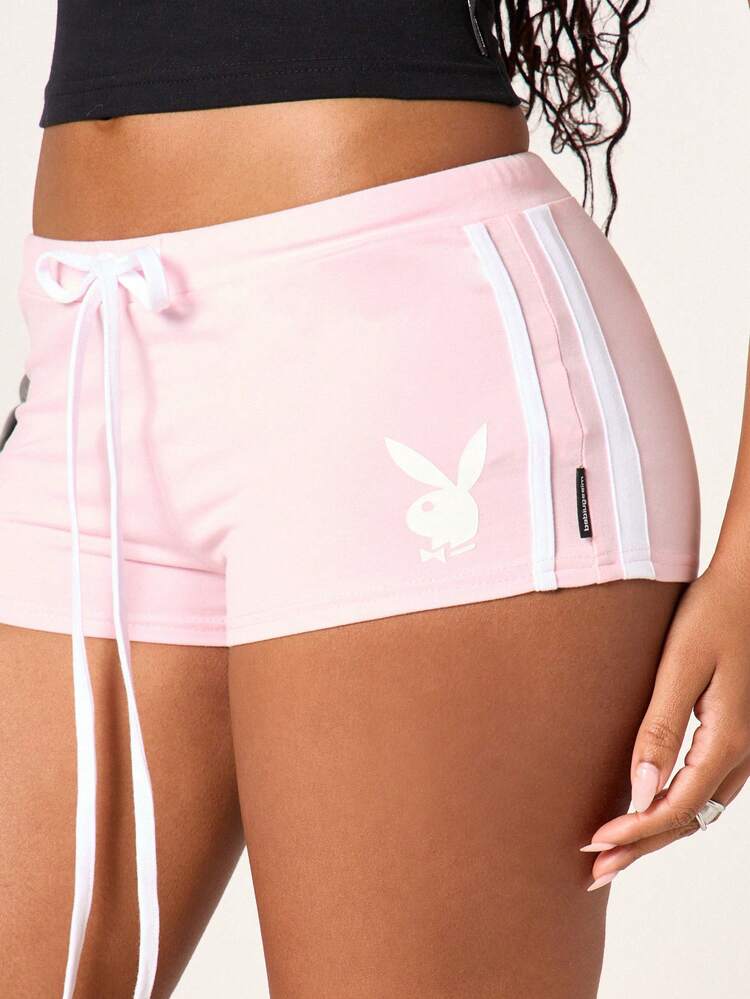 Missguided x Playboy Shorts Casuais Esportivos Femininos Rosa com Listras Laterais e Cordão, Decorados com Strass