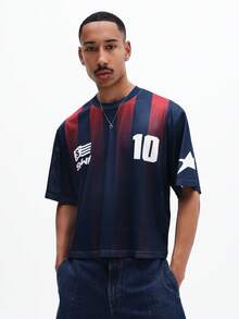 SUMWON Soccer Jersey Inspired Mesh Crop Tee With Number Print And Vertical Stripes Short Sleeve Drop Shoulder Top, World Cup Sporty Game Streetwear Jersey - Multicolor - View 4