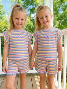 Emery Rose Kids Emery Rose Kids 2件套女童针织圆领条纹印花休闲T恤和短裤套装 - 紫色 - 查看 5