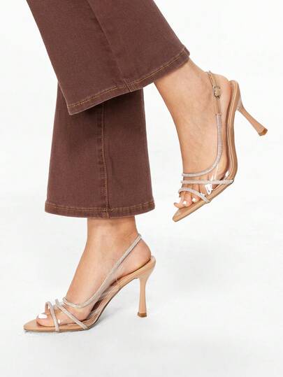 Glitzique Women's Rhinestone Transparent Pvc Patchwork High Heel Sandals, Fashionable Party Peep Toe Heeled Sandals For Summer