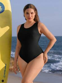 Swim SPRTY Plus Size Women Solid Color One-Piece Swimsuit, Sexy Criss-Cross Back, Suitable For Surfing, Beach, Vacation, Swimming, Water Sports - Black - View 4