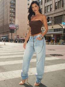 Denimoi 系带紧身胸衣性感上衣 GNO 夜店装 时尚街头风 女孩之夜音乐会服装 - 棕色 - 查看 5