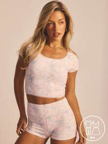 Aralina FLORAL PRINT RUCHED FRONT TEE AND SHORT SET - Multicolor - View 3