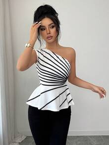 Elenzga Women's Elegant Striped Print Fitted Waist A-Line Casual/Date Night Black & White Fashionable Versatile Top - Black and White - View 3