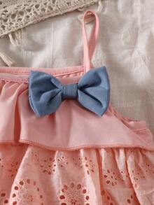 SHEIN Playful Pals 2pcs/Set Baby Girls' Spaghetti Strap Ruffle Top + Denim Shorts, Summer - Pink - View 2
