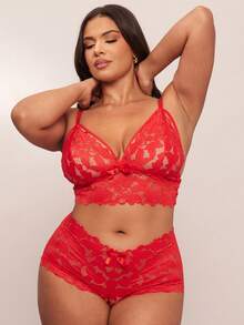SHEIN BAE 2 件大码性感女士蕾丝内衣套装 - 紅色 - 查看 5