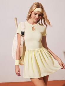 CourtClass CourtClass Women's Round Neck Short Sleeve Dress And Shorts Casual Daily Outdoor Tennis Outfit Set - Light Yellow - View 1