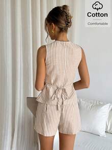 Siren Gaze Conjunto de chaleco de una sola hilera a rayas y pantalones cortos casuales para mujer, conjunto de dos piezas con pantalones cortos, conjunto de top sin mangas y pantalones cortos a rayas, conjunto de pantalones cortos de verano de 2 piezas para mujer, conjunto casual de 2 piezas con pantalones cortos para mujer, conjunto de 2 piezas de verano para mujer, conjunto de pantalones cortos a rayas de 2 piezas para mujer, conjunto de pantalones cortos de 2 piezas para mujer - Multicolor - Ver 5