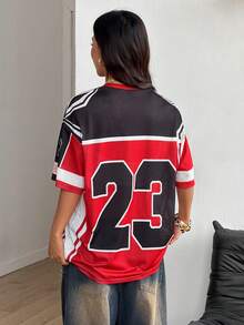 Coolane 女士夏季节日复古街头运动服号码印花超大棒球衫T恤 - 酒紅色 - 查看 3