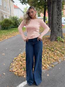 Jeta Ari Women Casual Elegant Collegiate Style Versatile White Crew Neck Cable Knit Button Decor Fitted Sweater,Knitted Sweater In Fall/Winter - Pink - View 6