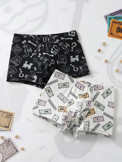 MONOPOLY X SHEIN Tween Boy 2pcs Allover Print Elastic Waist Comfortable Boxer Briefs