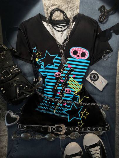 Glimmora 2000SY2K Printed Women's V-Neck Slim-Fit Short-Sleeve T-Shirt, Gothic Style, Suitable For Everyday Wear, Commuting, Parties, Gatherings, And Back-To-School Occasions.