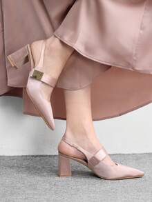 CUCCOO BIZCHIC Naked Pink Sardine Cloth Simple Square Buckle Fashionable And Comfortable Commuting Holiday Pointed Toe High Heel Thick Heel Shoes Spring Shoes - Naked pink - View 3