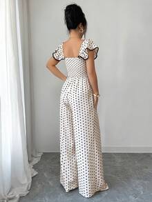 INAWLY Women's Fashionable Elegant Polka Dot Print Off-Shoulder Jumpsuit - Apricot - View 2