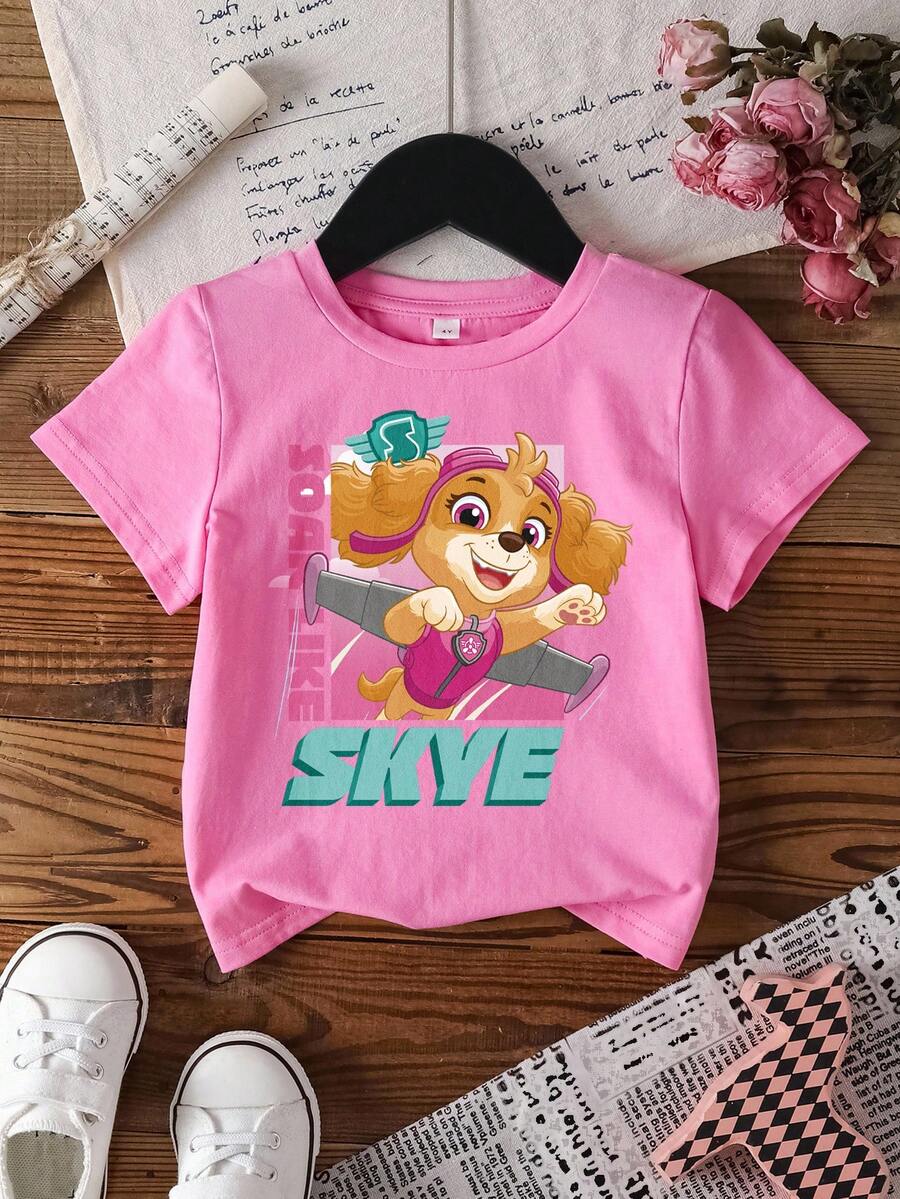 SHEIN | PAW Patrol Áo thun ngắn tay cổ tròn in chữ và hình chó, phong cách thường ngày, dành cho bé gái, thích hợp mặc mùa hè. - Hồng - Xem 1