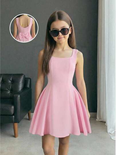 SHEIN Tween Girls' Vintage French Summer Vacation Elegant Lovely Square Neck Pink A-Line Patchwork Dress With Large Bow Back