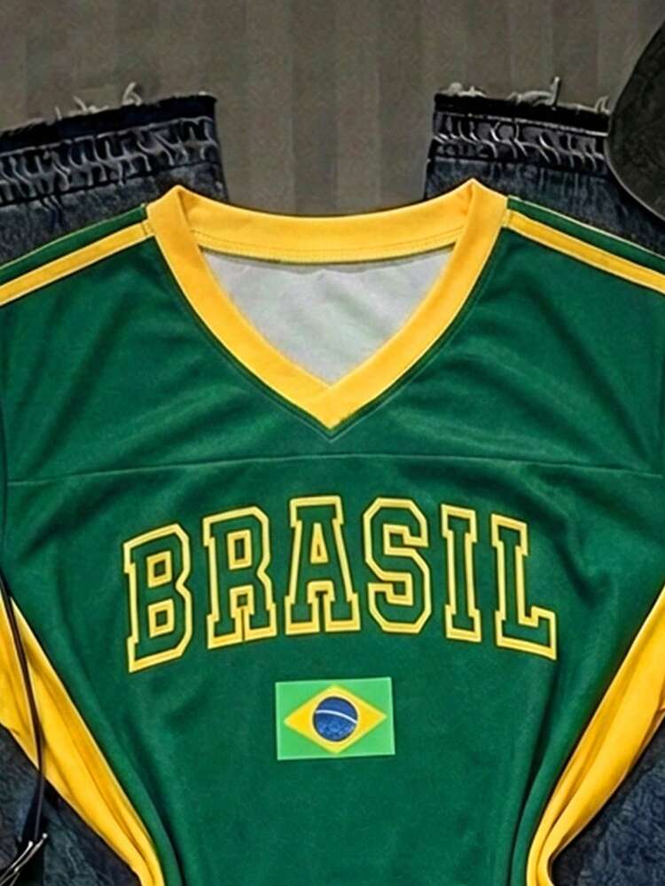 SHEIN EZwear Áo thun nữ màu xanh lá mùa hè phong cách đường phố dạo phố cổ chữ V in chữ Brasil, áo jersey thường ngày Brazil phong cách retro, áo bóng chày dệt kim tay raglan - Nhiều màu - Xem 3