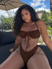 Alexandranx Women's Solid Color Front Tie Sexy Bikini Swimsuit Set, Summer Beach - Brown - View 6
