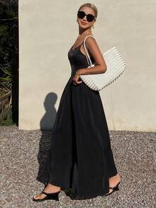 Livesso Summer Beach Holiday Vacation Black Camisole Patchwork Waist Midi Dress For Women Sundress - Black - View 4