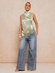 Lumalex Elegant Dark Green Sleeveless Stand Collar Top With Asymmetrical Hem And Lace Detail - Dark Green - View 4