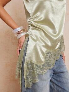 Lumalex Elegant Dark Green Sleeveless Stand Collar Top With Asymmetrical Hem And Lace Detail - Dark Green - View 7