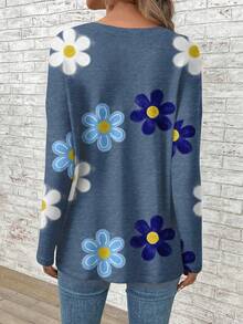 EMERY ROSE Áo thun tay dài cổ chữ V hở vai họa tiết hoa đơn giản, tiện dụng, dễ mặc khi đi làm hàng ngày cho nữ - Màu xanh lam - Xem 2