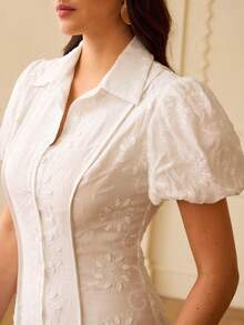 ZEYLAH Đầm midi nữ mới với họa tiết thêu hoa, cổ áo, tay bồng, eo ôm, kiểu dáng thanh lịch lấy cảm hứng từ thiên nhiên. - trắng - Xem 2