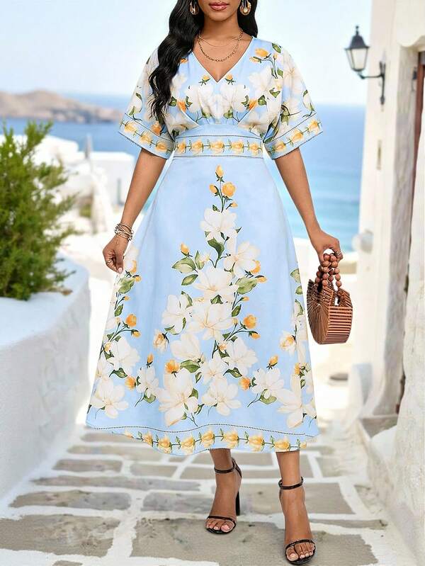 SHEIN Lady Vestido de mujer con estampado floral, cuello en V y mangas de murciélago, vestido elegante para vacaciones
