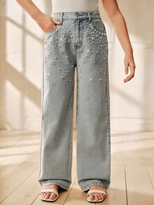 Anewsta Jeans rectos con pierna blanca y azul, decorados con diamantes y perlas brillantes de moda para niñas, primavera/verano - Azul - Ver 3