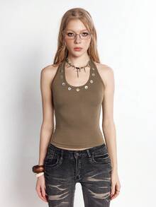 Bloopia Áo tank top dệt kim dáng ôm, cổ yếm, buộc dây, chất liệu Maillard mới dành cho nữ. - màu nâu - Xem 3