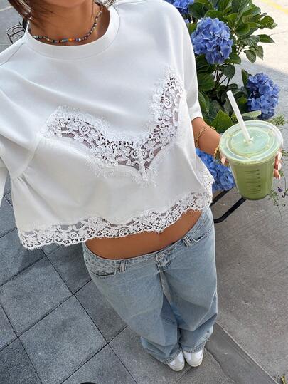 Muchica Women's Casual Solid Color Lace Patchwork T-Shirt, Summer