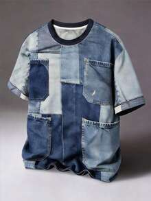 Manfinity EMRG Camiseta de manga corta de cuello redondo con efecto de mezclilla, de corte holgado y casual para hombre - Multicolor - Ver 4