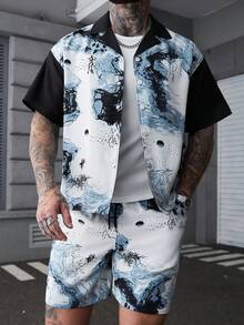 SLATEMANN 男士夏季休闲印花拼接衬衫短裤套装 - 彩色 - 查看 1