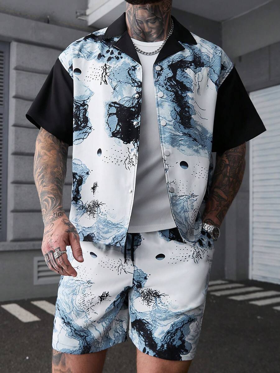 SLATEMANN 男士夏季休闲印花拼接衬衫短裤套装 - 彩色 - 查看 1
