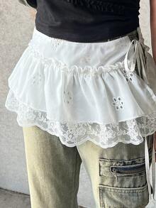 FRIFUL 女士棉质刺绣面料拼接蕾丝边可调节腰围多层裙摆半身裙 - 白色 - 查看 3