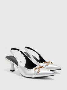 CUCCOO BIZCHIC Pointed Toe High Heel Shoes, Thin Heel Slip-On Closed Toe Pumps For Women - Silver - View 2