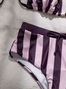Swim Mod Spring/Summer Beach Vacation Purple-Pink Contrast Halter Striped Bikini 2 Pieces Swimwear - Multicolor - View 6